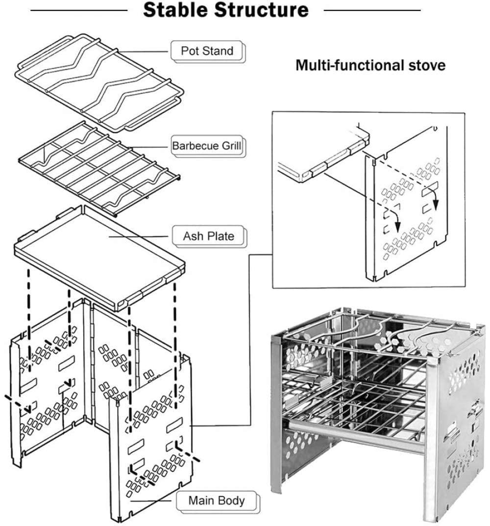 Réchaud de Camping Pliable Sac à Dos Réchaud Portable Mini Réchaud à Bois Pliant Réchaud en Acier Inoxydable Pique-Nique Grill Réchaud pour Camping en Plein Air Cuisine,A