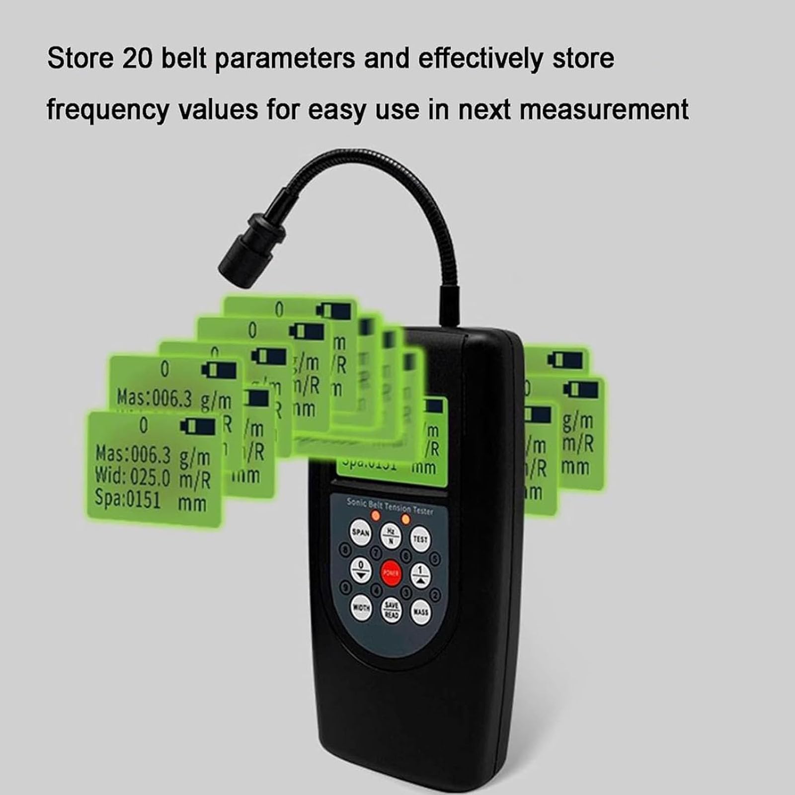 Medidor de tensión de correa, medidor de tensión acústico con pantalla LCD retroiluminada y sonda ajustable para correas en V multiacanaladas, rango de frecuencia 10Hz-680Hz