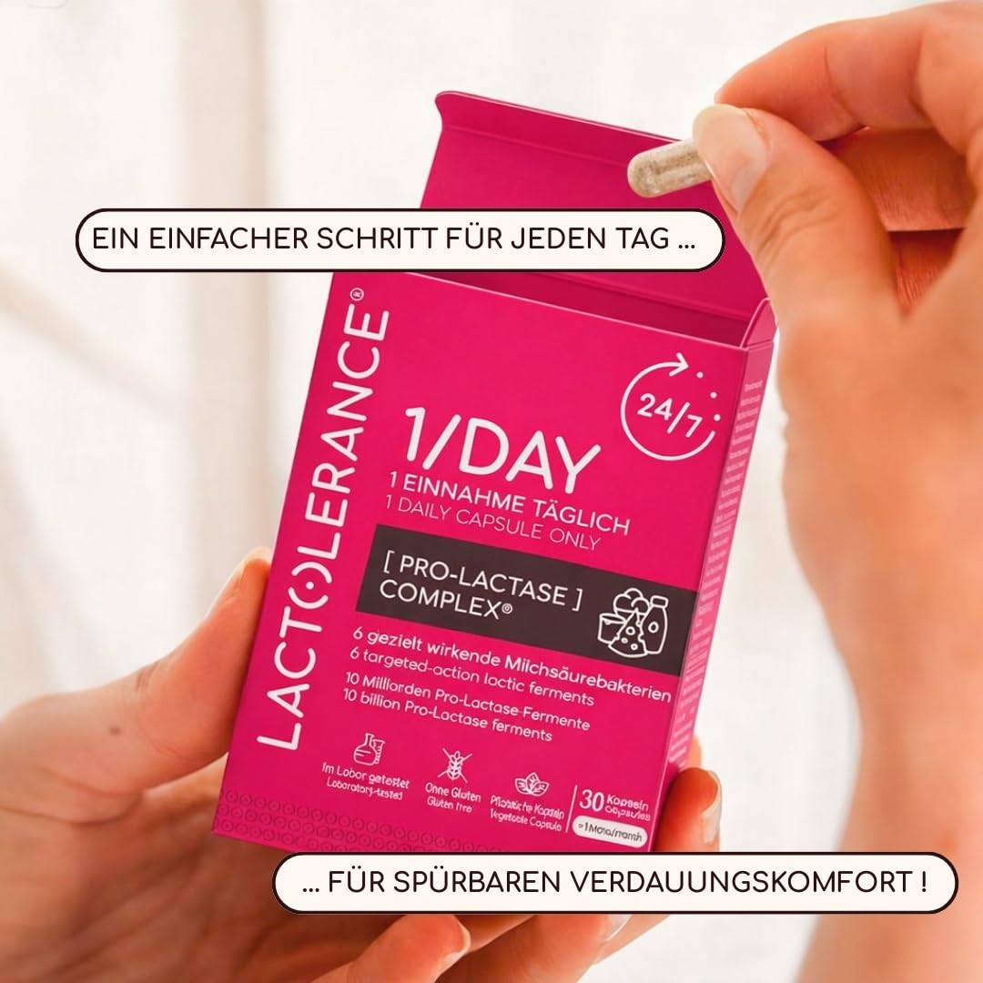 LACTOLERANCE 1/DAY Laktase-Vorstufe, Milchsäurebakterien, 24h, 90 Kapseln | Nur 1 Kapsel pro Tag. 24-Stunden-Schutz. Geeignet bei Laktoseintoleranz. Unterstützt die Laktoseverdauung. Probiotika.