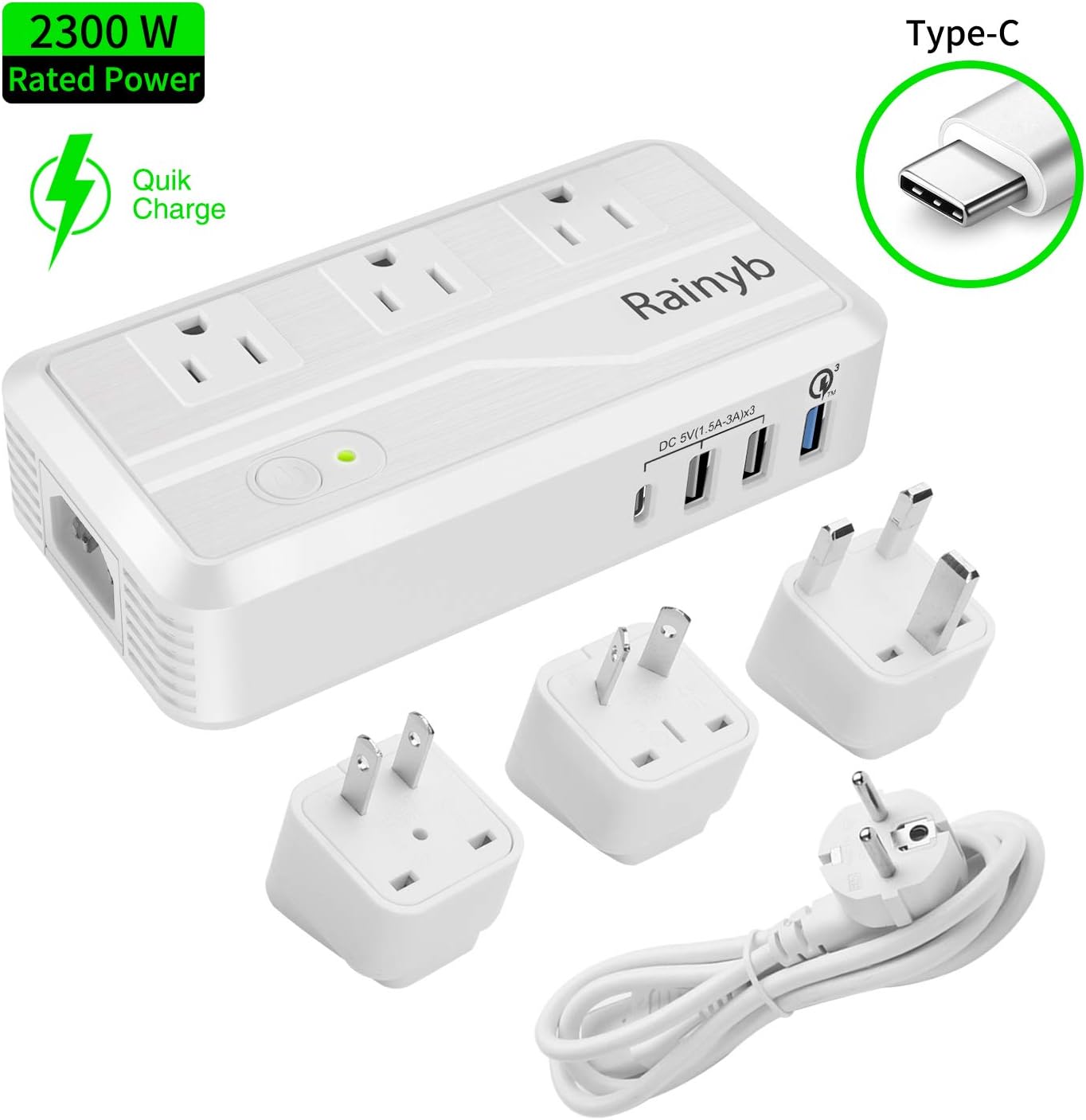 Rainyb 2300W Step Down 220V to 110V Voltage Converter & Universal Travel Adapter Transformer with 3 USB Ports,Type-C,3 AC Outlets and UK/AU/US/EU Worldwide Plug Adapter, Power Converter for Hair Dryer
