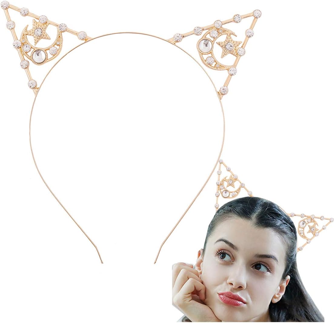 Cat Ears Headband Rhinestone Star Tiara Headband Cute Headbands for Women Party Hair Accessories Costume Daily Decorations