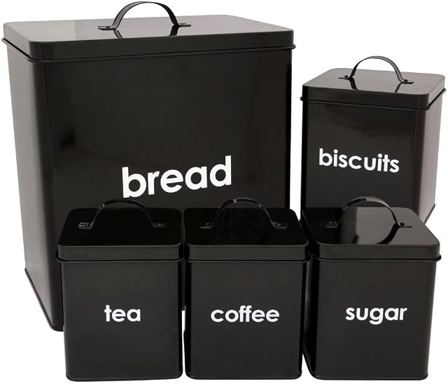 Denny International® 5 Piece Kitchen Storage Includes Bread Bin Biscuit Tea Coffee Sugar Caddy Tins Containers Canister Storage Jars Pots Set (Black)