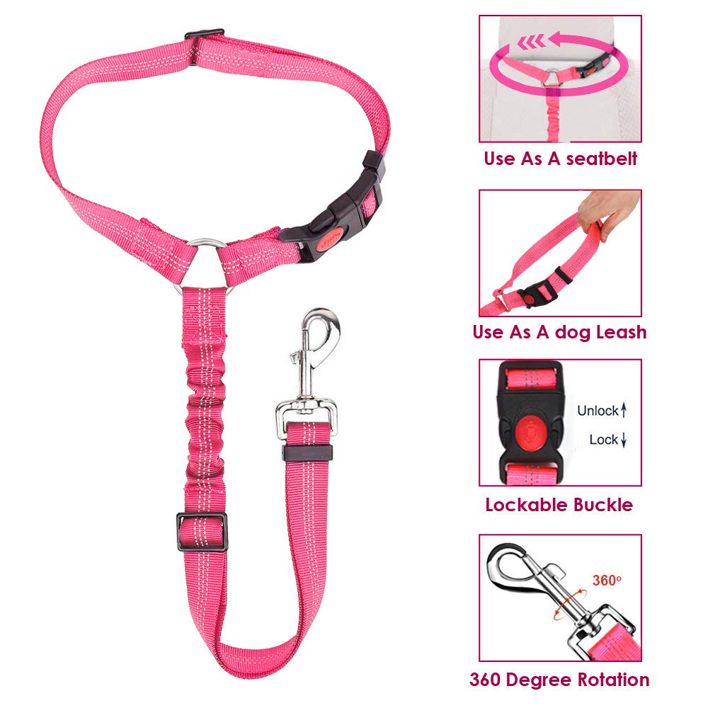 Lukovee Dog Car Seat Belt, 2 Pack Headrest Restraint Seatbelt, Adjustable Pet Safety Leads with Reflective Elastic Bungee for Dog Harness Collar Travel Daily Use (Fluorescent Pink,Headrest) - image 3