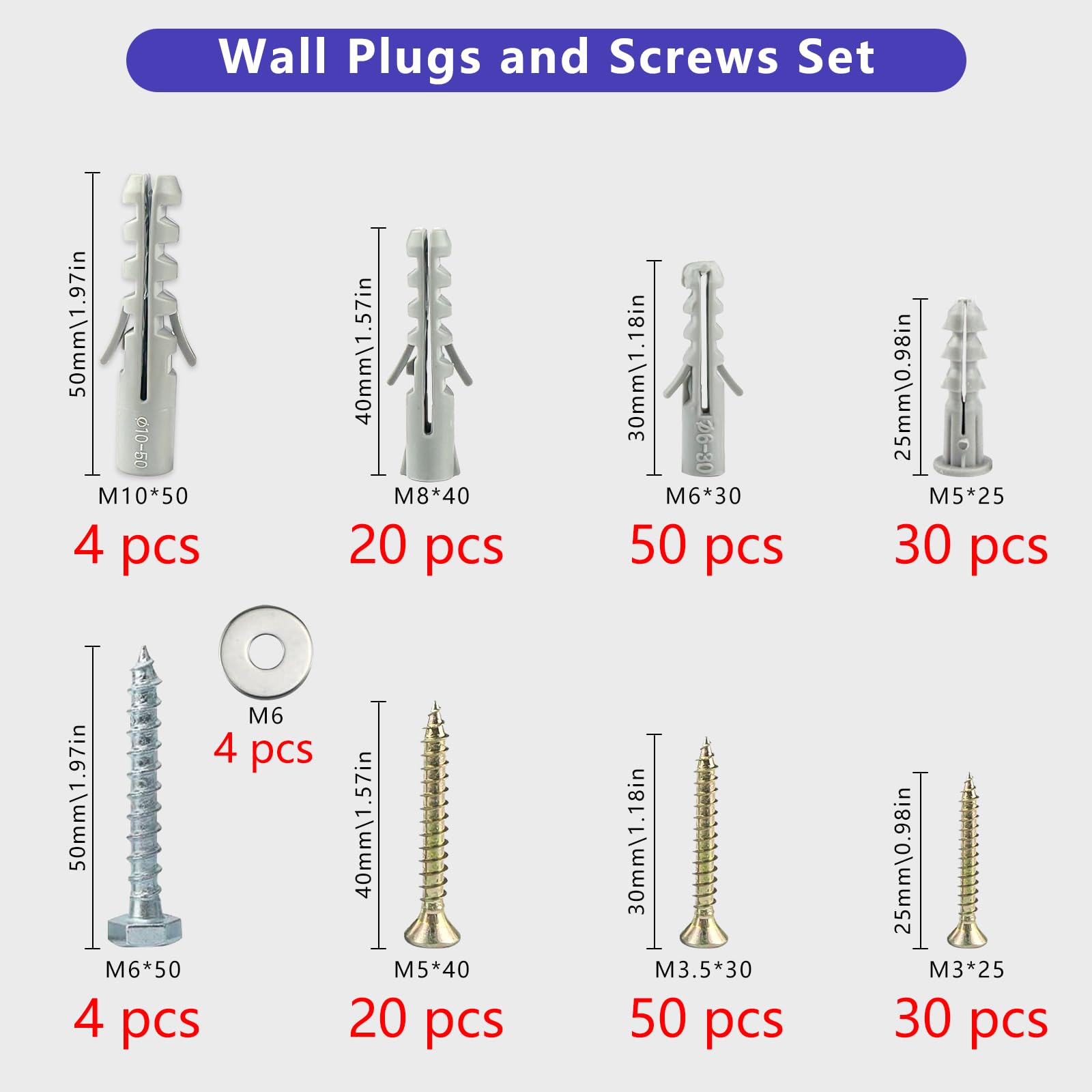 212 Pcs Screws and Wall Plugs Set, Raw Plugs, Rawl plugs assorted M5/M6/M8/M10, Wall plugs for Brick Masonry - Image 2