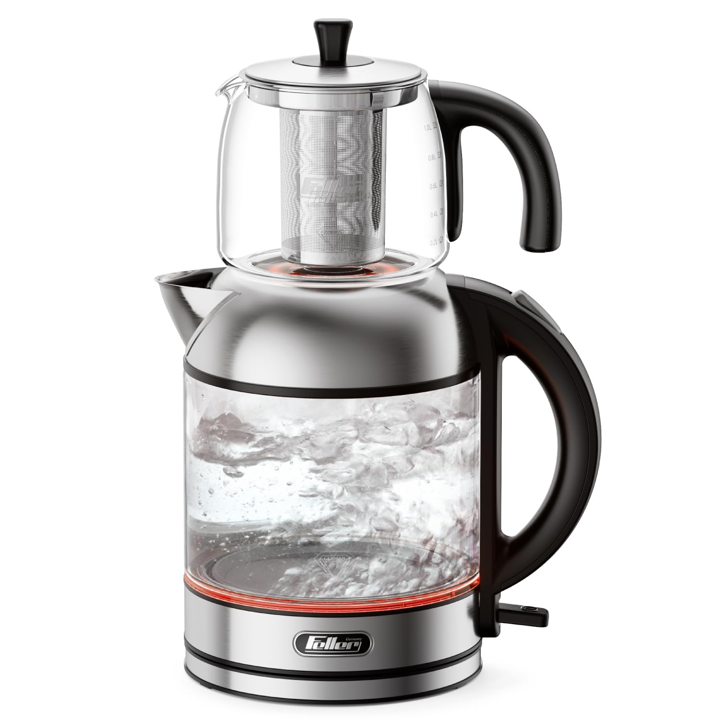 Germany 2200W 2-in-1 Teamaker, 2L Glass Kettle+1L Teapot by German Technology, STRIX, Keep-Warm+Boil-Dry+Overheat, Stainless Steel Teapot Kit, TS288, 2Y Guarantee-UAE Version (Stainless Steel)