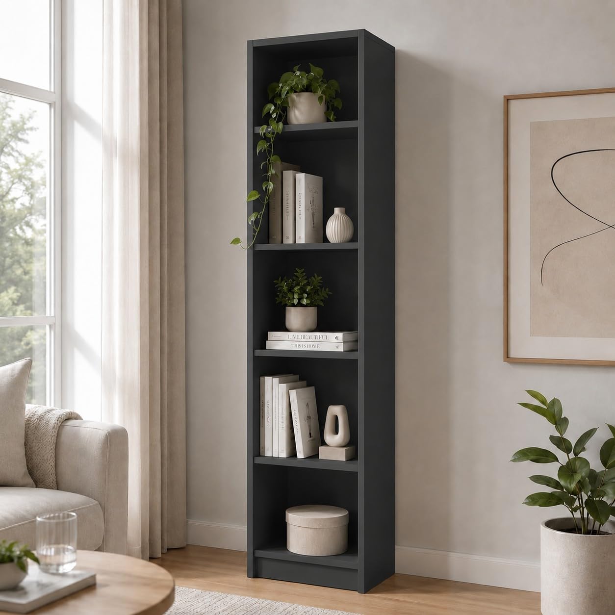Libreria Verticale a Colonna da Terra 50x31x183 cm, Libreria Salvaspazio a 5 Ripiani, Design Aperto per Ottimizzare lo Spazio, Ideale per Soggiorno, Ufficio e Camera da Letto