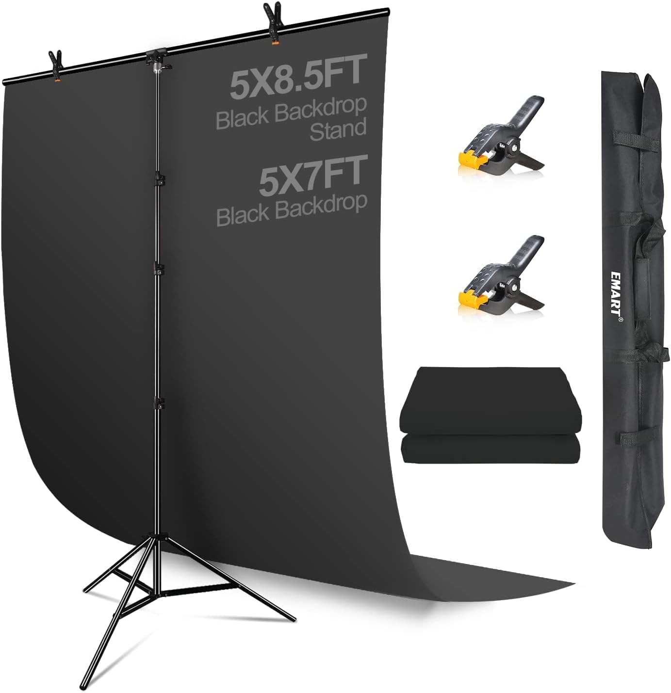 EMART Black Backdrop with Stand, 1.5 x 2m(5x7ft) Blackscreen with 1.5x 2.6m(5x 8.5ft) T-Shaped Background Support Kit for Photoshoot Portraits Party Video Studio Fliming