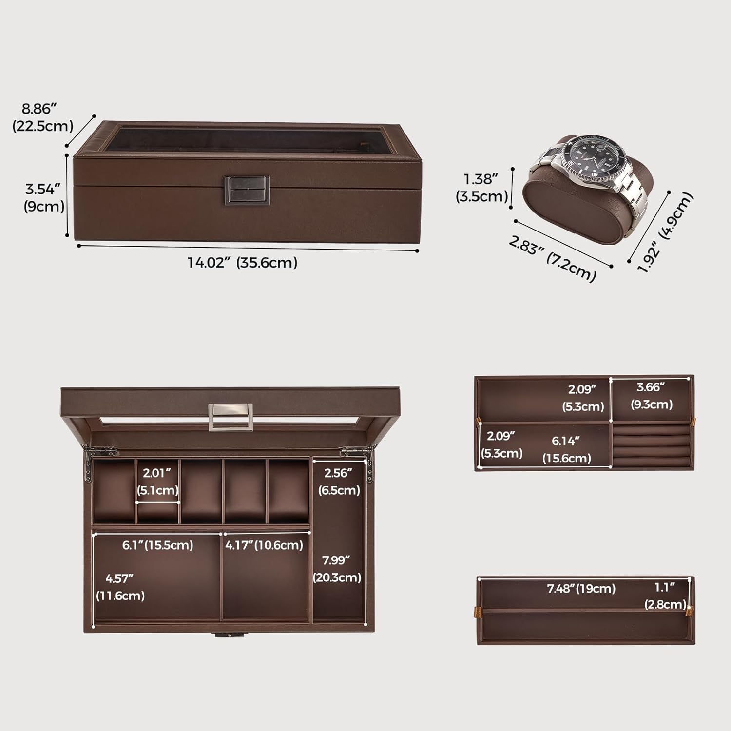 ProCase Men's Jewelry Box, 5-Slot Wood Watch Display Case Jewellry Storage Organizer for Sunglasses Rings Accessories with Hidden Compartment, Watch Holder with Glass Lid, Gift for Men -Espresso - Image 5