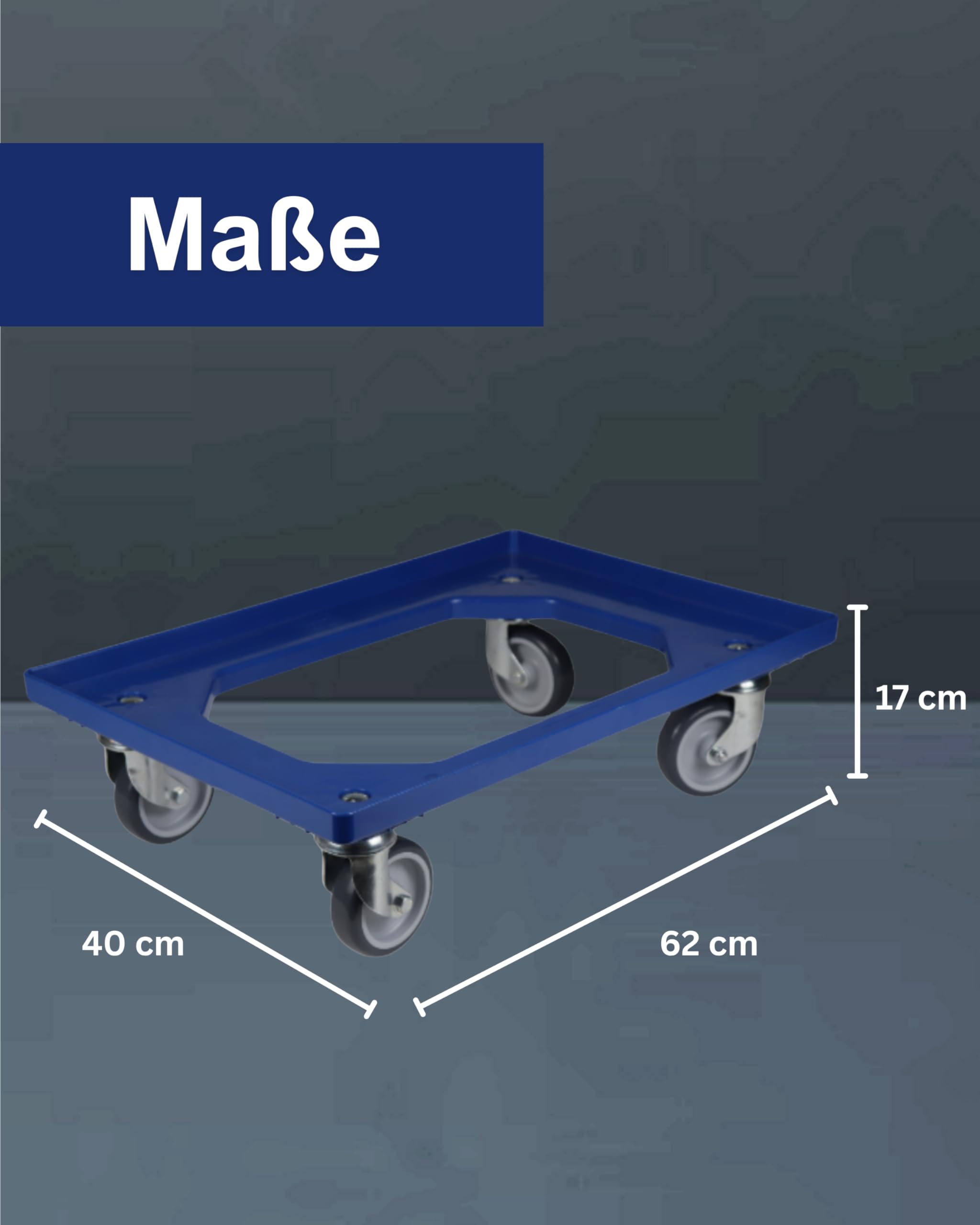 Transportroller Kunststoff 60x40 cm Blau – 4 Leichtlauf-Lenkrollen Ø100 mm, Traglast 250 kg – wendige, stabile Transporthilfe für Kisten & Euroboxen