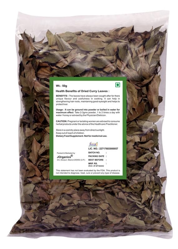 Image of JOrganics Curry Leaves | Dried Curry Leaves | Murrya koenigii | Dry Kadi Patta | Curry Leaf | Karuvepillai | Kadi Patta | Pack Of 50 g