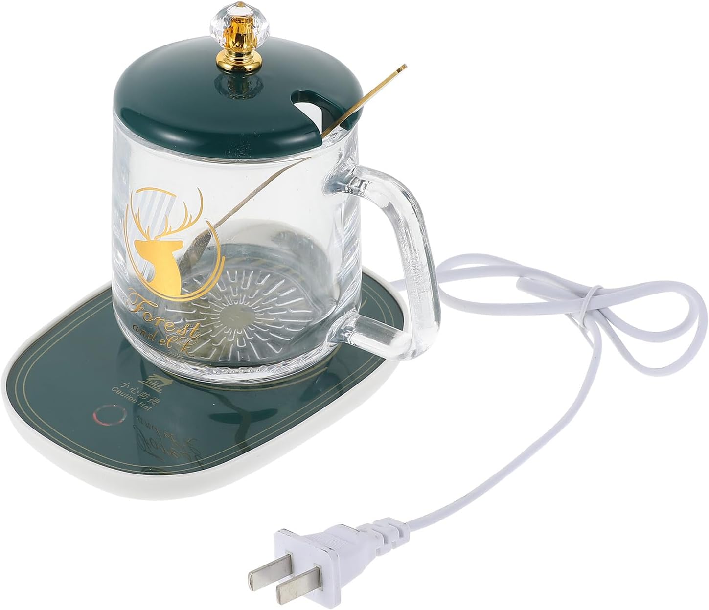 Uonlytech Ceramic Coffee Cup Warmer with Heating Coaster and Scoop Portable Insulation Mug Warmer for Hot Drinks Compact Green Glass Design US Plug Acv for Office and Home Use
