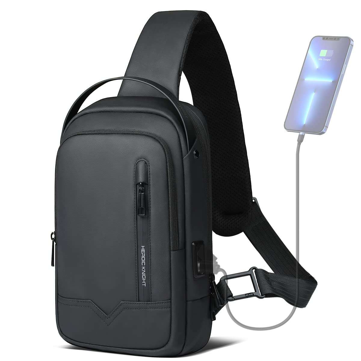 hk Umhängetasche Herren, Wasserdicht Schultertasche 11,3 Zoll iPad Brusttasche Crossbody Bag mit USB-Ladeanschluss, Rucksack Klein Sling Bag Herren für Arbeit Reisen Radfahren Wandern-Schwarz
