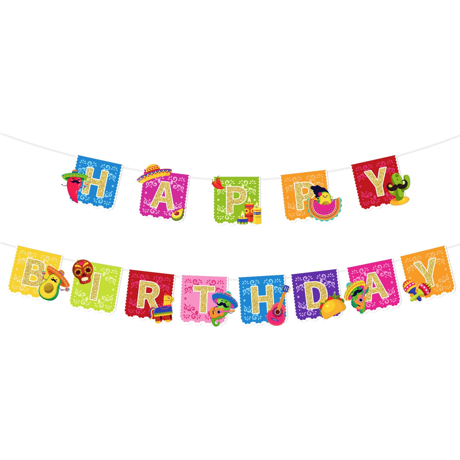 Whaline 2Pcs Mexican Happy Birthday Banner Gold Glitter Fiesta Papel Picado Bunting Garland Cinco De Mayo Taco Paper Banner Pre-Assembled for Mexican