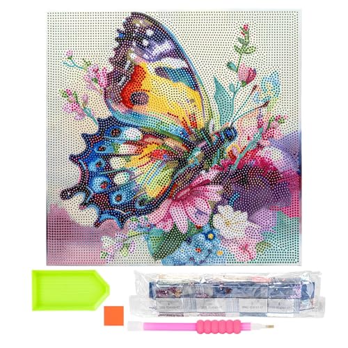 Ideen mit Herz Diamond-Painting-Motivleinwand auf Keilrahmen | 30 cm x 30 cm | Set inkl. Werkzeug (Schmetterling mit Blumen)