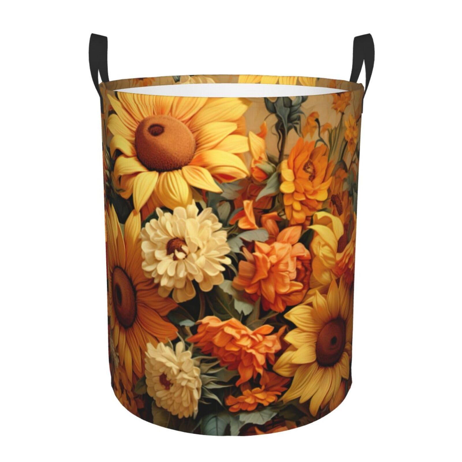 M Collapsible Laundry Hamper Round Spring Sunflowers Retro Flowers Print Storage