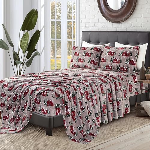 Elegant Comfort Luxuriously Soft 4-Piece Holiday Velvet Plush Flannel Sheet Set - Premium Quality - Cozy Warm, Christmas Fuzzy Velvet Flannel Fleece Deep Pocket Sheet Set - Twin XL, Snowybarn