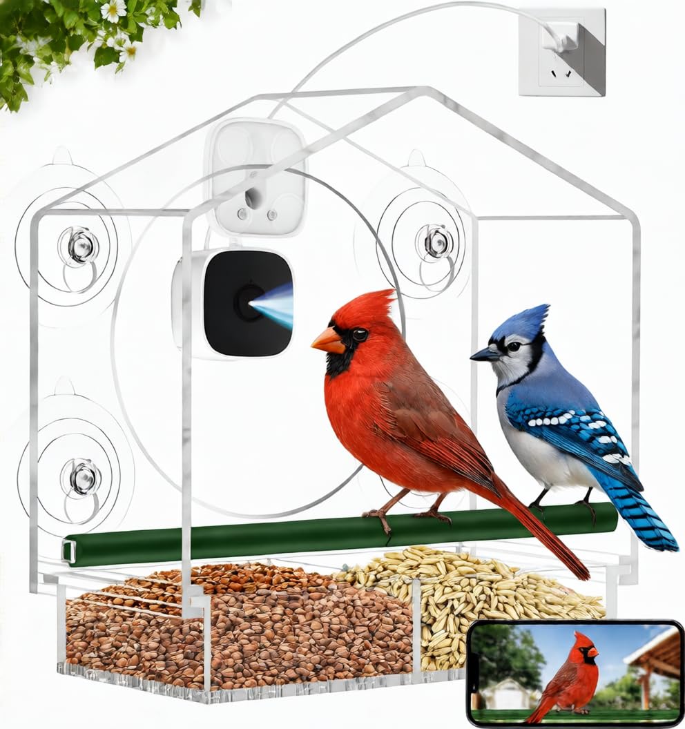 Comedero para pájaros de ventana con cámara, comedero inteligente transparente para exteriores, 2K HD Live View y AI Bird 10000+, comedero de ventana para pájaros con 6 ventosas