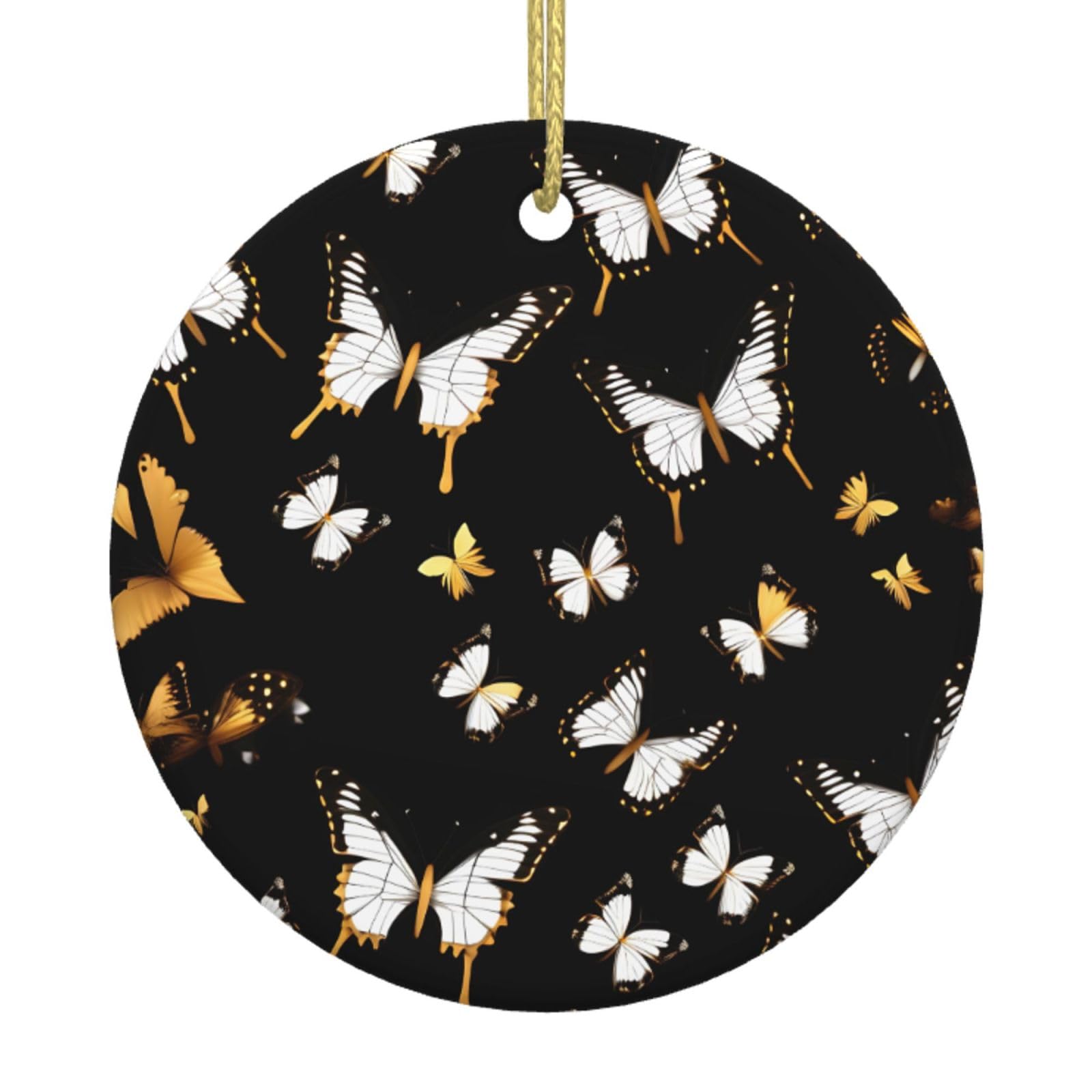 Gold White Butterflies Black Print Christmas Ornaments, Ceramic Hanging Ornament, Round Shape Decorations