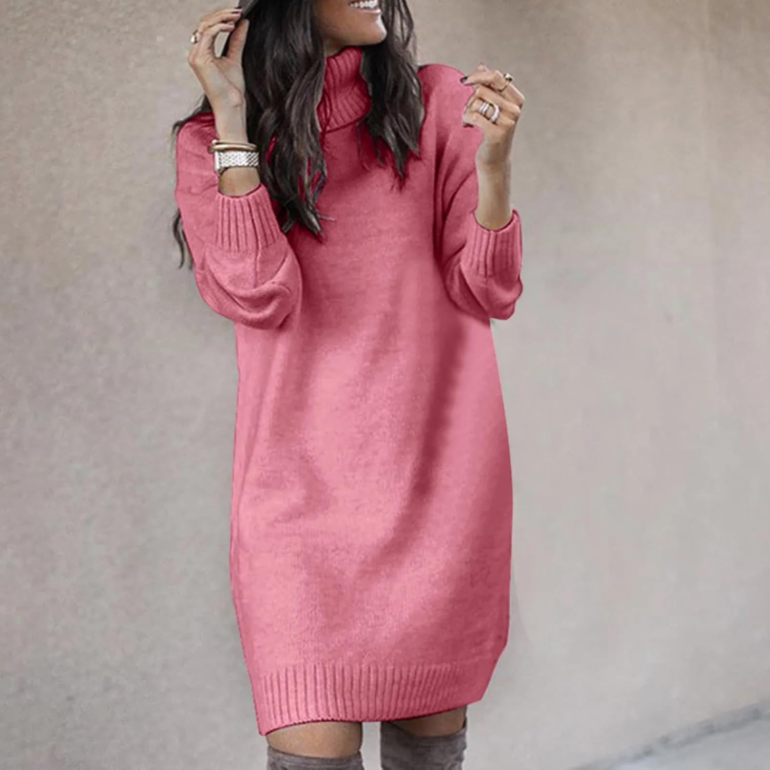 LIXINGHEITANG Women Winter Loose Sweater -Length Dress Long Sleeve Autumn Turtleneck Warm Knitted Casual