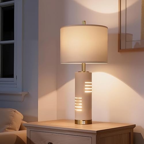 Miniatura 5 de Juego de 2 lámparas de mesa de piedra sintética de 27.5 pulgadas con luz nocturna, lámparas de granja para sala de estar con puertos USB A+C,