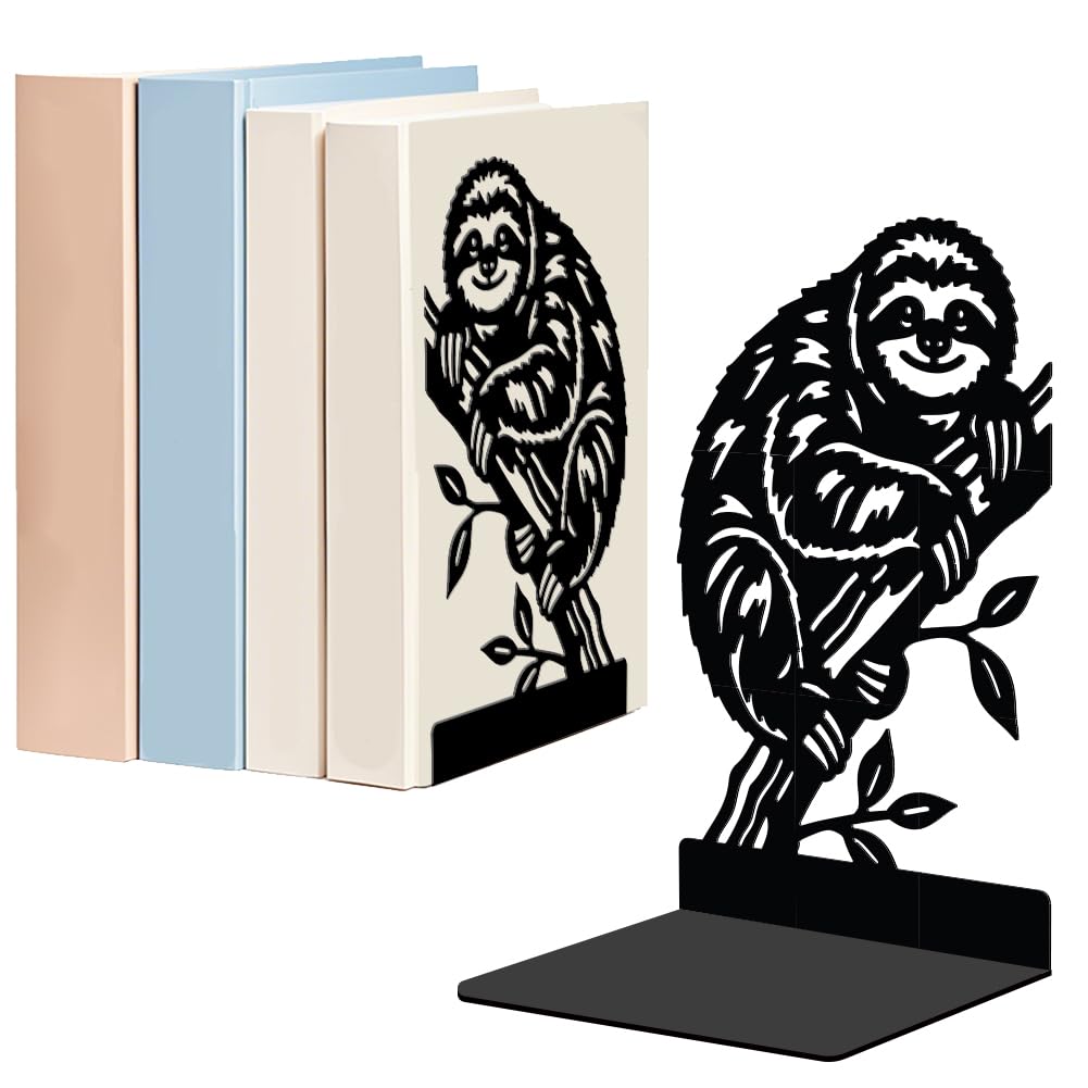 WADORN 1Pair Metal Decorative Book Ends, Friendly Sloth Modern Bookend Stopper for Shelves Non-Skid Book Holder for Heavy Books Unique Design Book Organizer for School Library Home Office CDs File