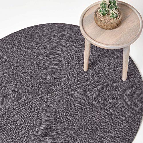 HOMESCAPES Grey and Black Handwoven Braided Melange Rug 120cm Round Pattern Large Cotton Rug