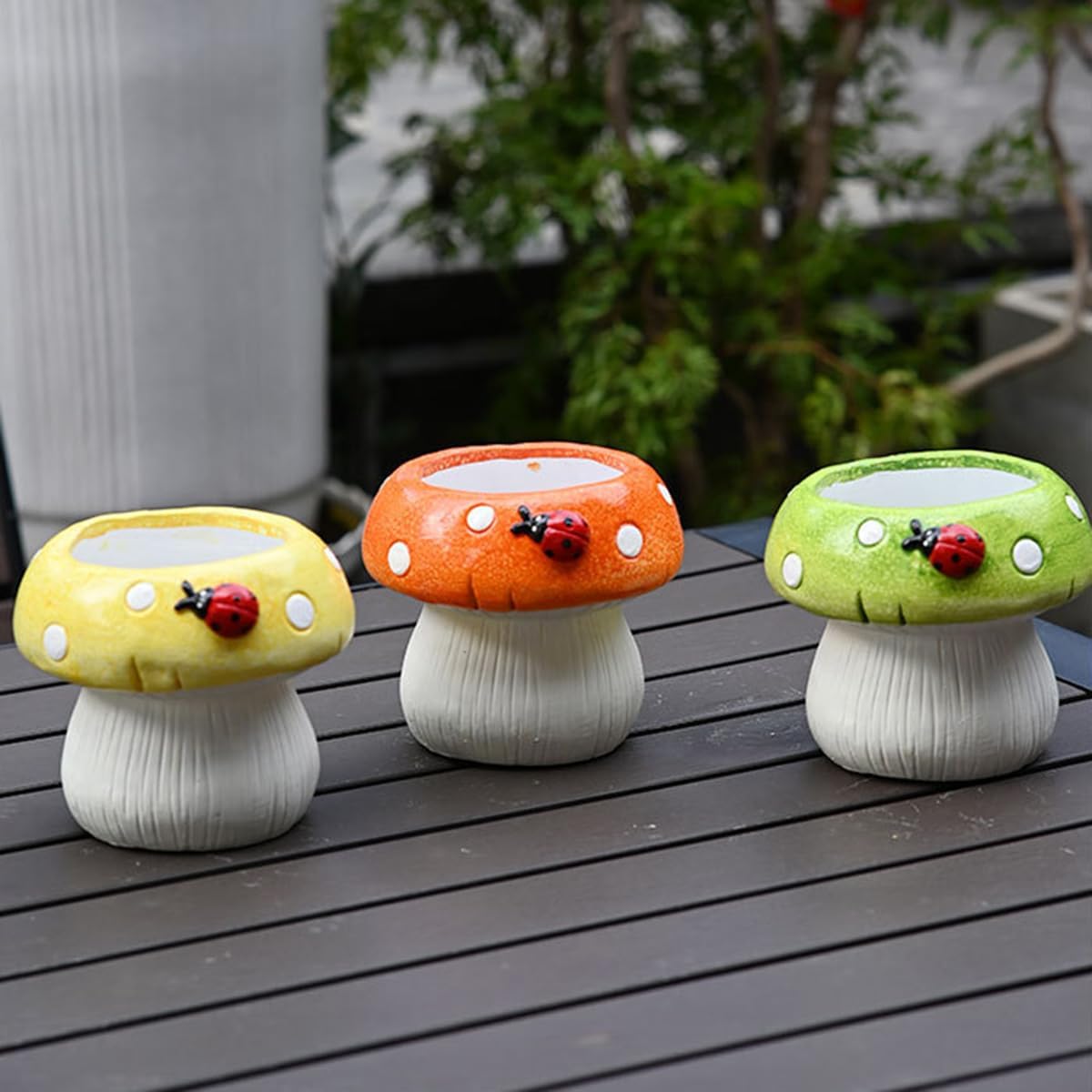 Cute Ceramic Mushroom Planter with Ladybug, Unique Succulent Planter Fun Flower Pot, Decorative Plant Pot for Indoor Outdoor Plants Home Garden Office Desk Decorations (Green)