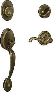 SCHLAGE F60 V PLY 609 FLA Plymouth Front Entry Handleset with Flair Lever, Deadbolt Keyed 1 Side, Antique Brass
