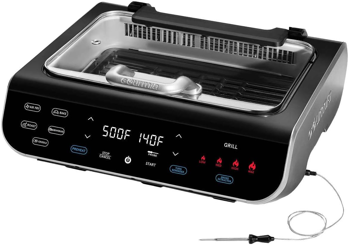 FoodStation Smokeless Grill, Griddle & Air Fryer with with Smoke Extracting Technology, 6 One-Touch Cooking Functions, Extra-Large Nonstick Cooking Surface, and Integrated Temperature Probe FoodStation Smokeless Grill, Griddle & Air Fryer with with Smoke Extracting Technology, 6 One-Touch Cooking Functions, Extra-Large Nonstick Cooking Surface, and Integrated Temperature Probe