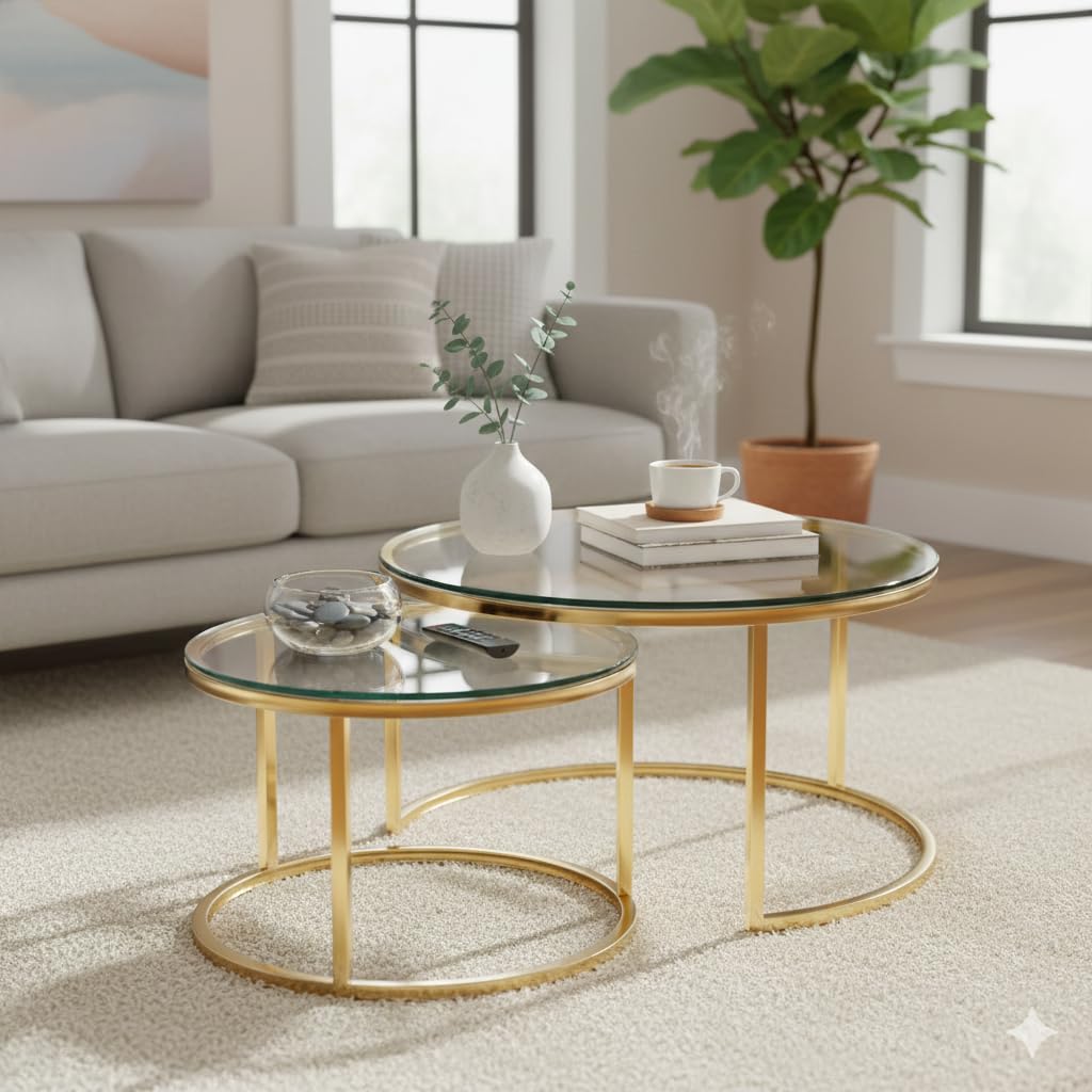 Q&P Furniture Nesting Coffee Table Set of 2 Round Modern Design in Sintered Stone and Tempered Glass Top for Living Room Space Saving Minimal Assembly Nova Collection GOLD Tempered Glass (GOLD)