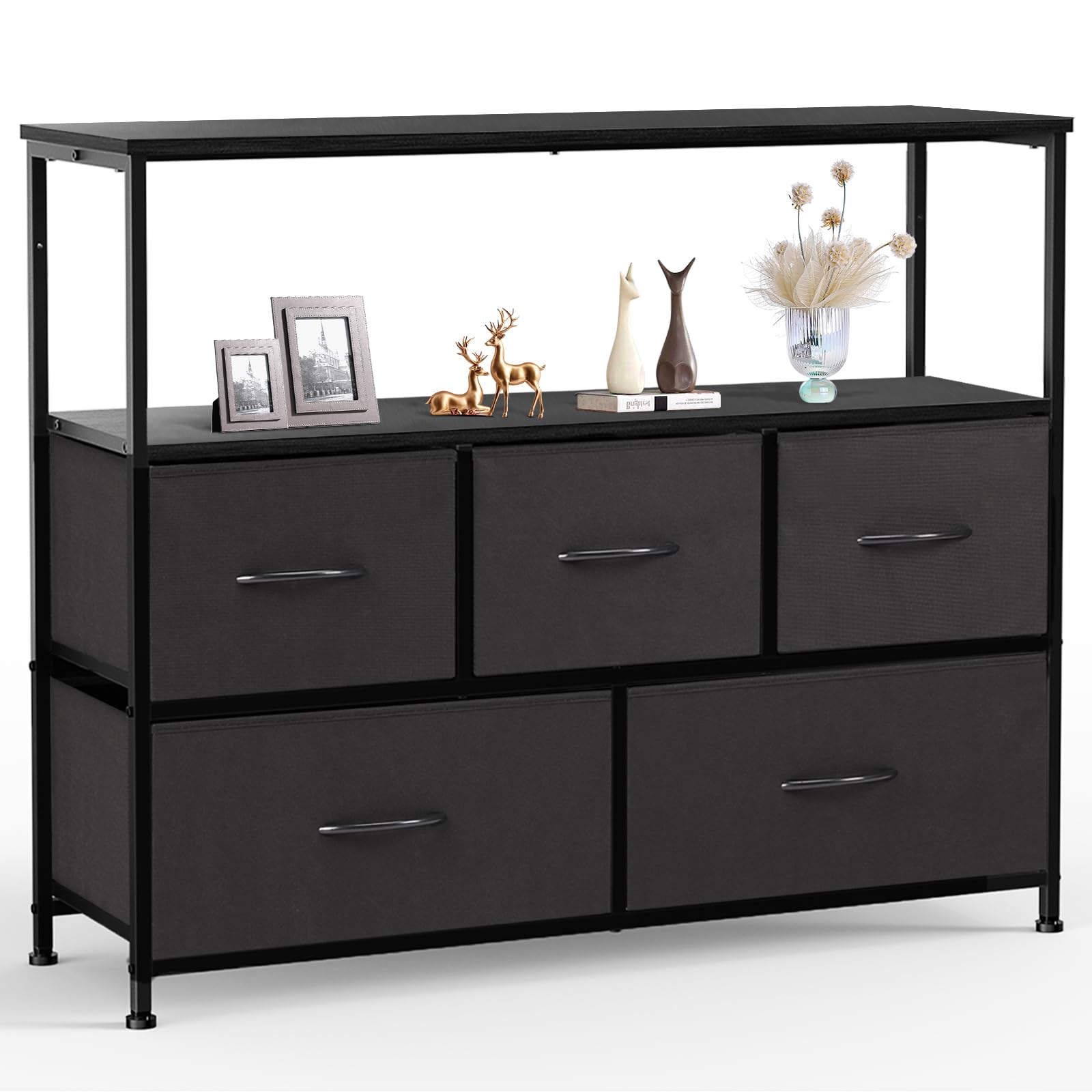 Photo 1 of (NON-REFUNDABLE) Sweetcrispy 5 Drawers Dresser for Bedroom, TV Stand Furniture, Tall Chest Tower, Storage Organizer Units for Clothing, Closet, Fabric Bins, Wood Top, Steel Frame, Lightweight, Assemble Tools Include 11.81" D x 38" W x 30.7" H Charcoal Bla