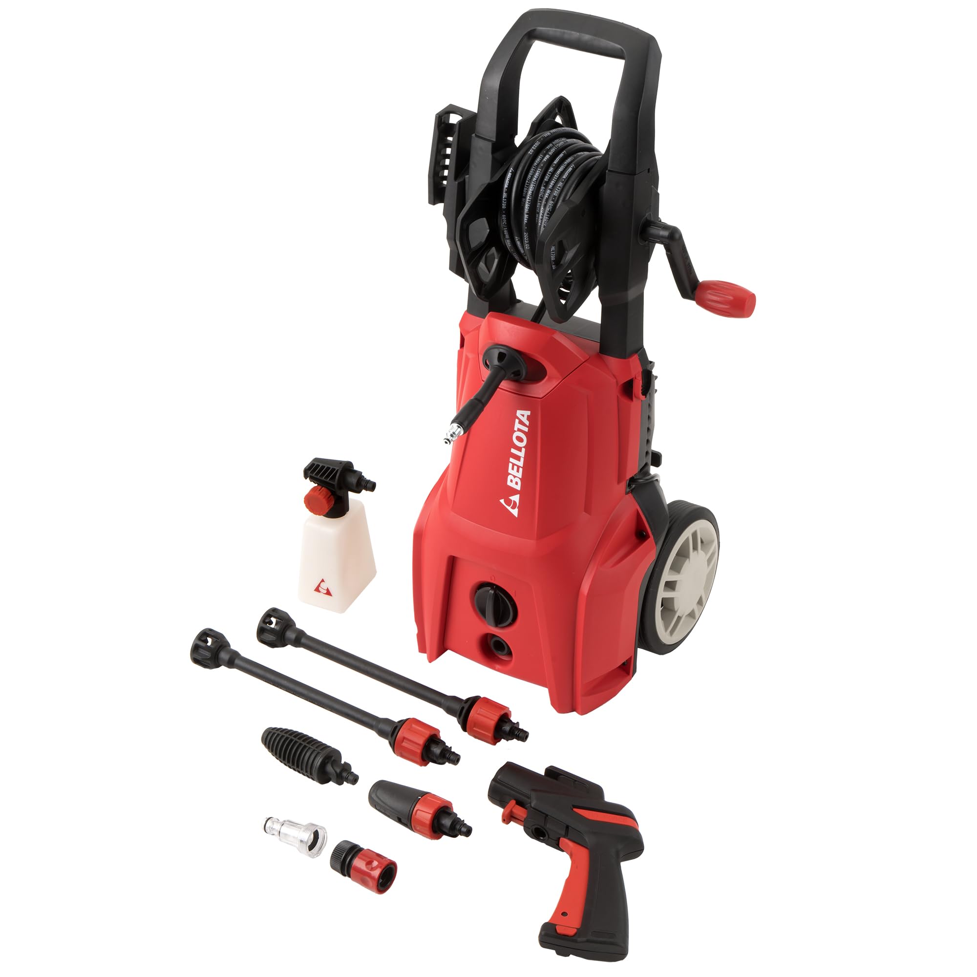 Bellota HL1700E- Hidrolimpiadora, Potencia: 1,7 kW, Presión Máx: 140 Bar, Caudal: 380 l/h, Manguera 5 m (PVC), Peso: 8 kg, Pistola No Force, Ruedas, Succión Agua,Filtro de Agua Extraible,2 boquillas
