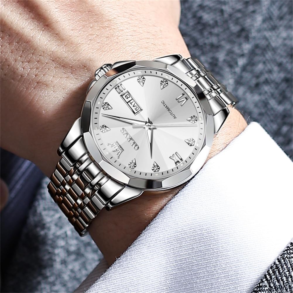 OLEVS Skeleton Men Watches Automatic Business Luxury Diamond Self Winding Watch for Men Stainless Steel Calendar Wrist Watch - Image 3