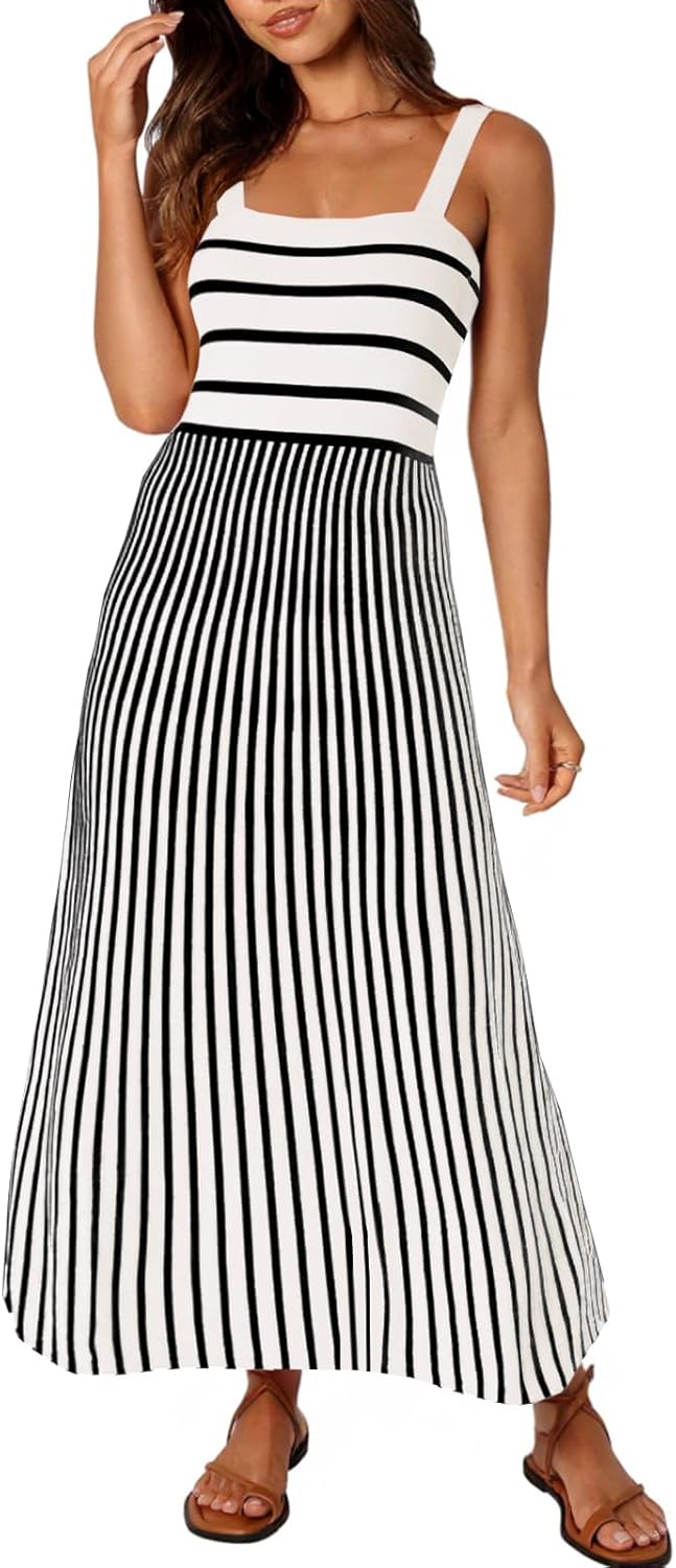 Wenrine Womens Summer Striped Maxi Dress Casual Knit Sleeveless Square Neck Beach Tank Dresses White X-Large