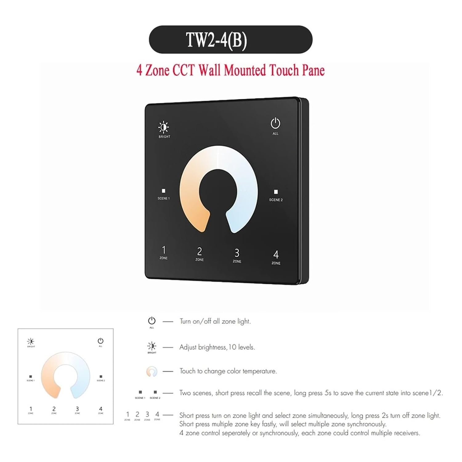 2CH LED Controller DC 12V 24V Dimmer 4 Zone 2.4G Remote Control(4 Zone CCT Panel(B))