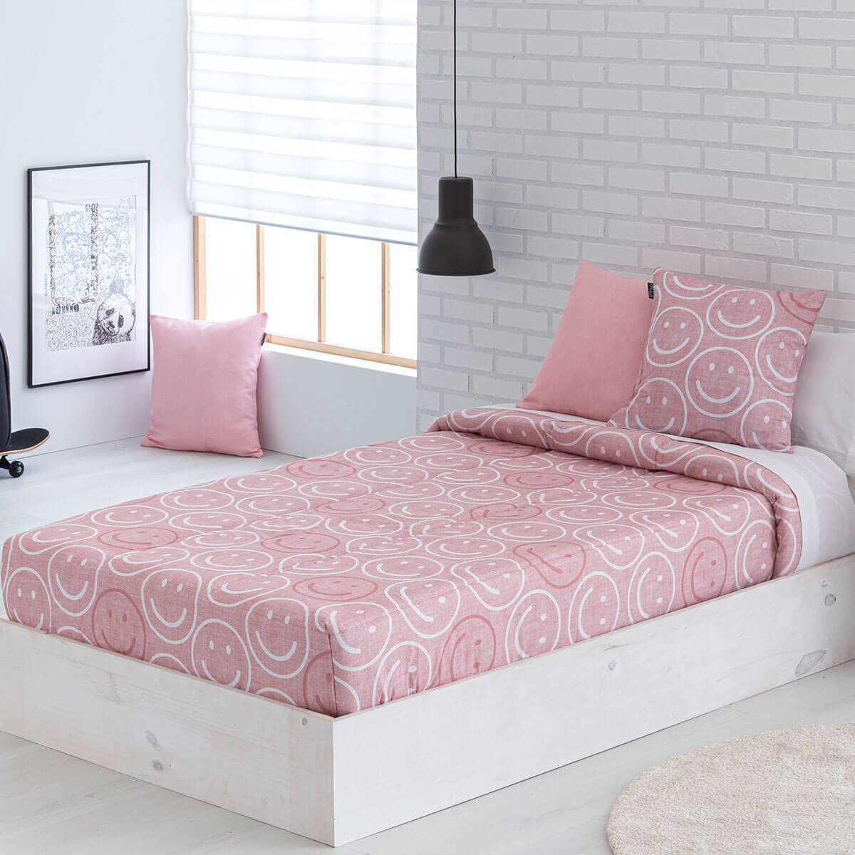 Lanovenanube Edredón Ajustable para dormitorios Juveniles e Infantiles, Camas Nido y literas, Muy cómodo y fácil de Utilizar. Medida para Cama de 105 Modelo Estampado Emoji Rosa