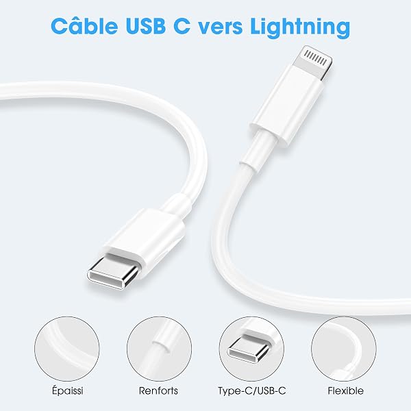 Cable iPhone USB C, Cable USB C vers Lightning 1M+2M, MFi Certifié Câble iPhone USBC Chargeur Rapide Fil pour Apple iPhone 14 13 12 11/Pro Max/Pro/Plus/XS/XR/X/8/7/SE, pour iPad- Blanc - 4