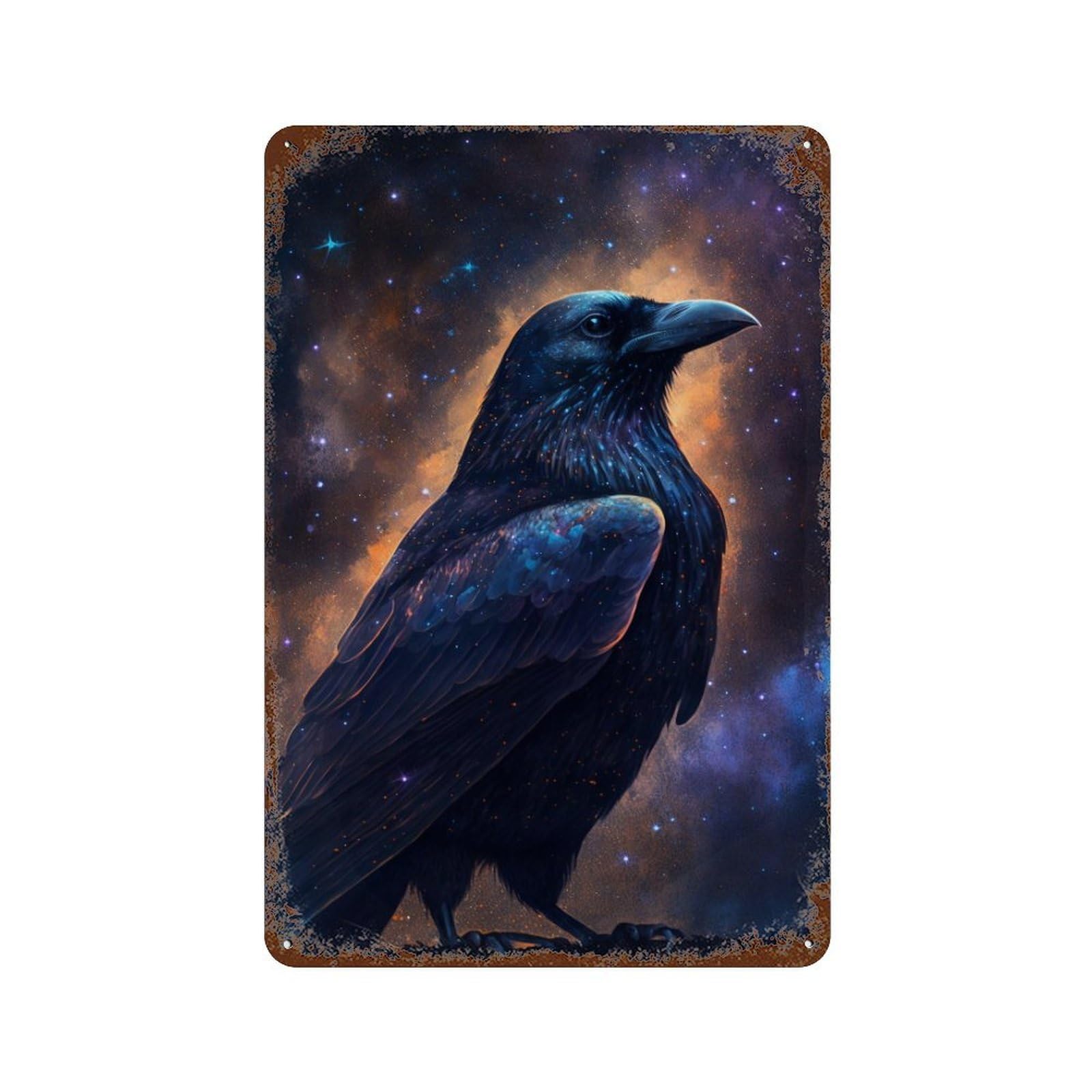 Garage Style Cosmic Raven Art Print-14 Distressed Metal Wall Sign 11.8"x7.9", Rustic Home Decor for Bar And Workshop