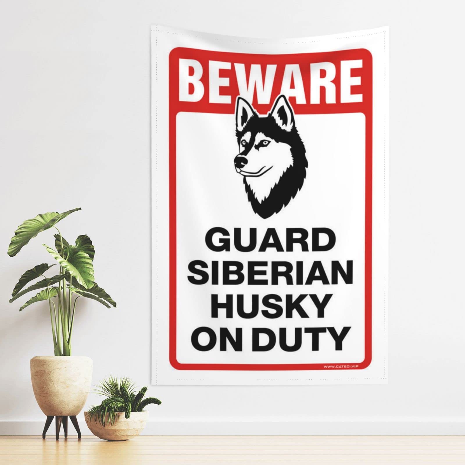 Pravoxi Men's One Color Sports Bar Decor Beware! Guard Siberian Husky On Duty Tapestry Sports Bar Decor Tapestrys(75X100cm)