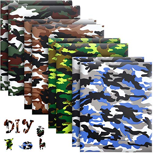 8 Sheets Camouflage Pattern Heat Transfer Vinyl Camo Vinyl Craft Iron on HTV Camo Printed Vinyl HTV Sheets for Clothing T-Shirts Hats Bags DIY Craft in 4 Patterns, 12 x 10 Inch