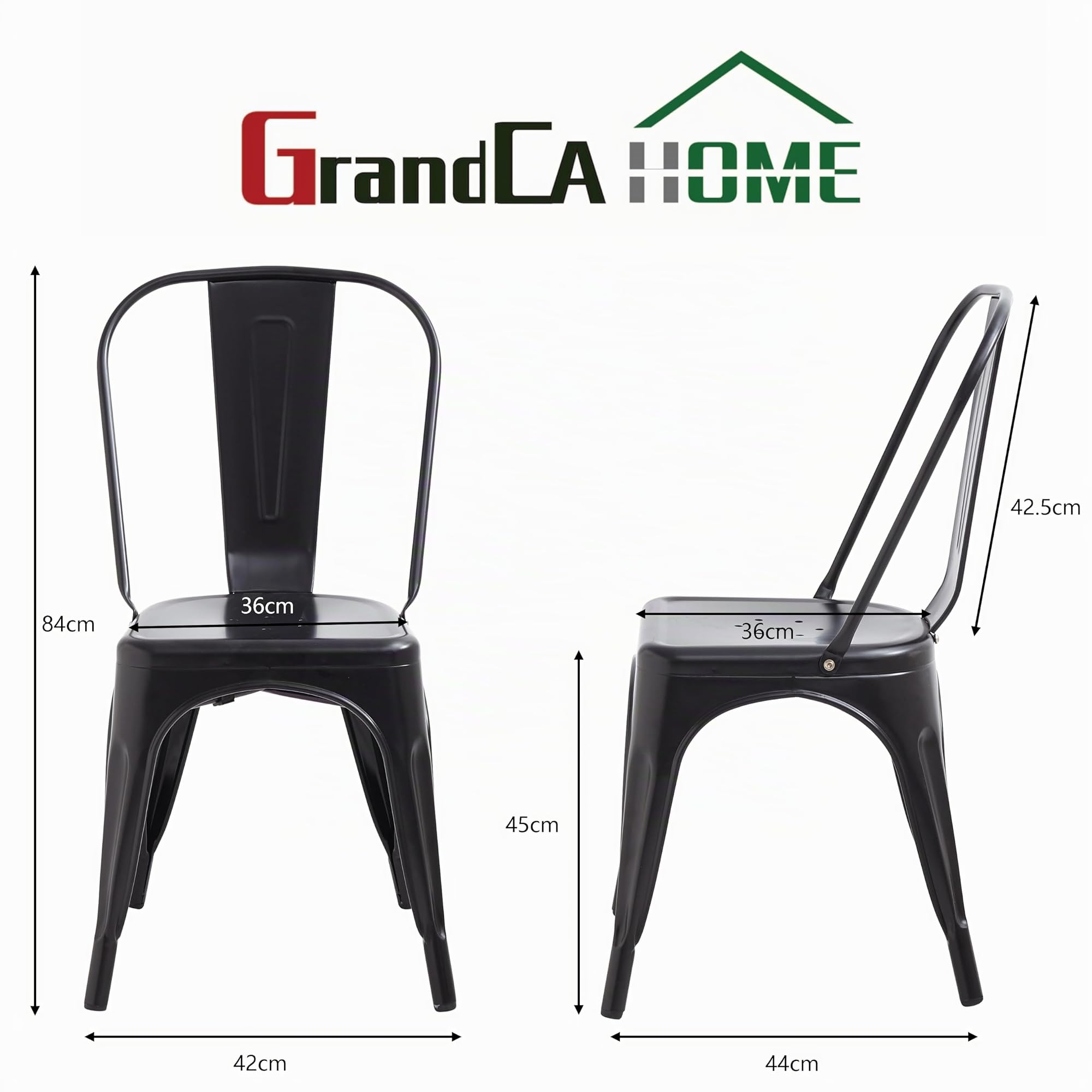 GrandCA HOME Lot de 4 Chaises de Salle à Manger Empilables en Métal, Chaises de Bar, pour Restaurant, Jardin, Bistro, Balcon, Noir