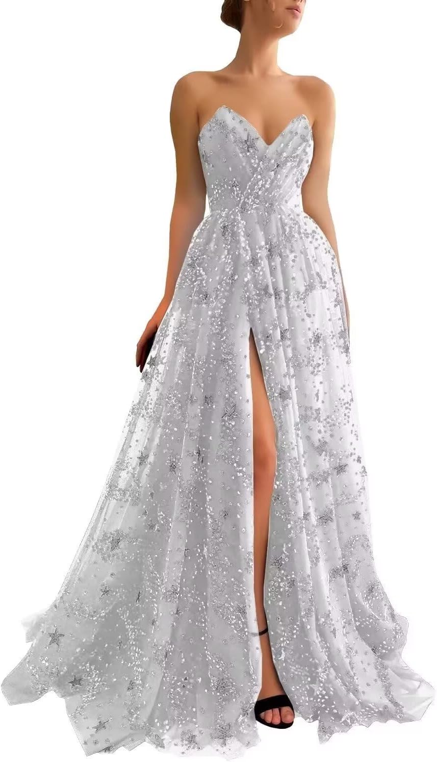 Smileven Women's Sparkle Starry Tulle Prom Dresses Strapless Slit Formal Evening Party Gowns