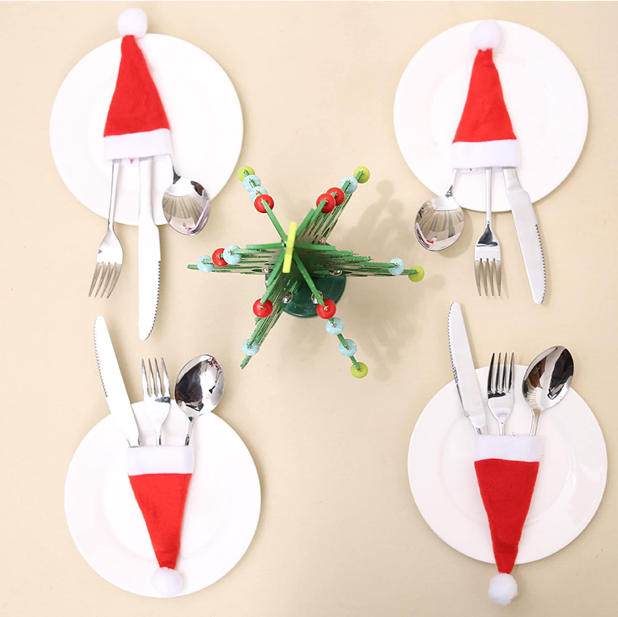 32 Pieces Christmas Mini Santa Hats Silverware Holders, Wine Bottles Cover, Handmade Xmas Party Dinner Table Dinnerware Decorations Supplies Flatware Decor