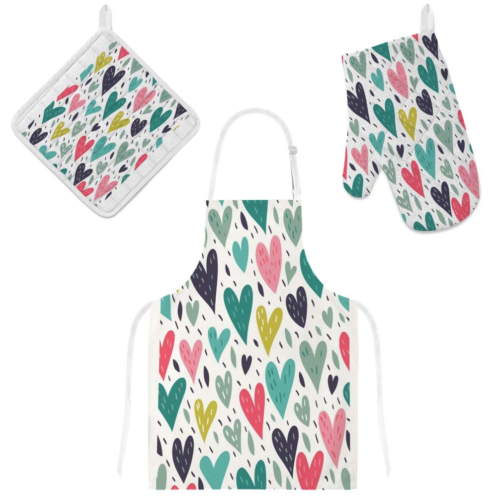 Tablier de cuisine avec poches réglable ensemble 3 pièces motif cœurs