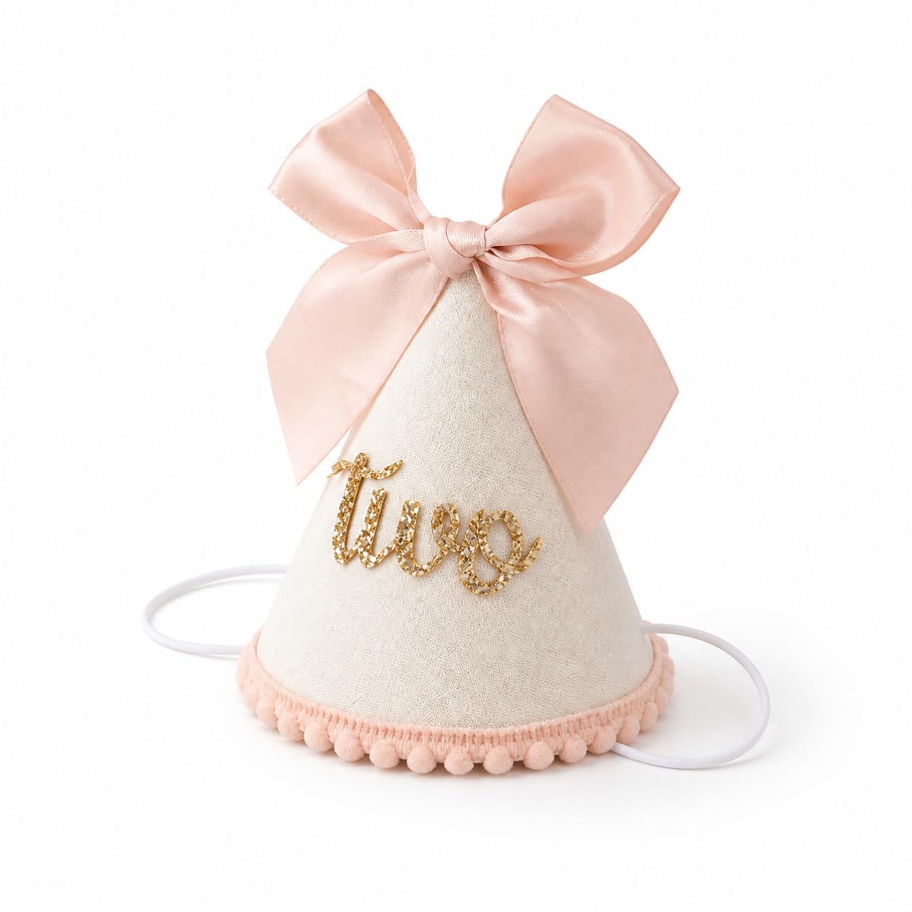 Belle Fang Glitter Pink 2nd Birthday Cone Hat, Cute Party Headwear Photo Props Accessories for 2 Year Old Girls Birthday Celebration
