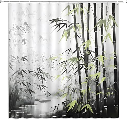 Cortina de ducha de bambú retro bosque verde hojas grises río, vintage, asiático, japonés, pintura de tinta zen, spa, tela relajante con ganchos, 70