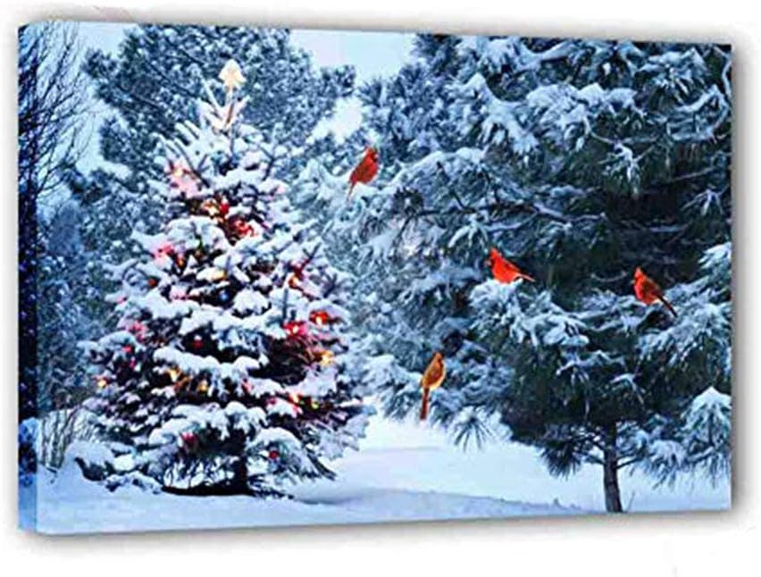 Led Wall Painting Art Christmas Tree and Cardinal Birds in Winter Forest Pine Scene, USB Power Buletooth Control with Timer Led Colors Change by Music Canvas Print Art Festive Decor(12"x16"x1.26")