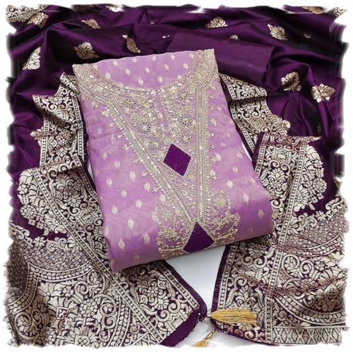 Image of Sidhidata Women's Shimmer Zari Butty With Multi Sequence Embroidered Unstitched Dress Material With Banarasi Silk Dupatta (DM Shimmer Free Size)