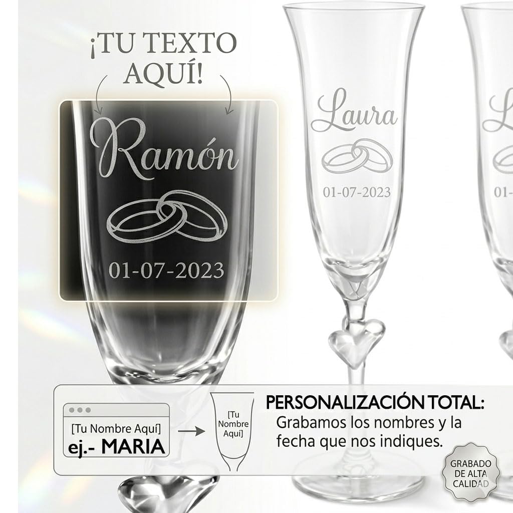 Copas de Boda Personalizadas para Novios con Corazón – Copas de Champán Grabadas con Nombre y Fecha – Copas Brindis Boda – Regalo para Novios con Estuche