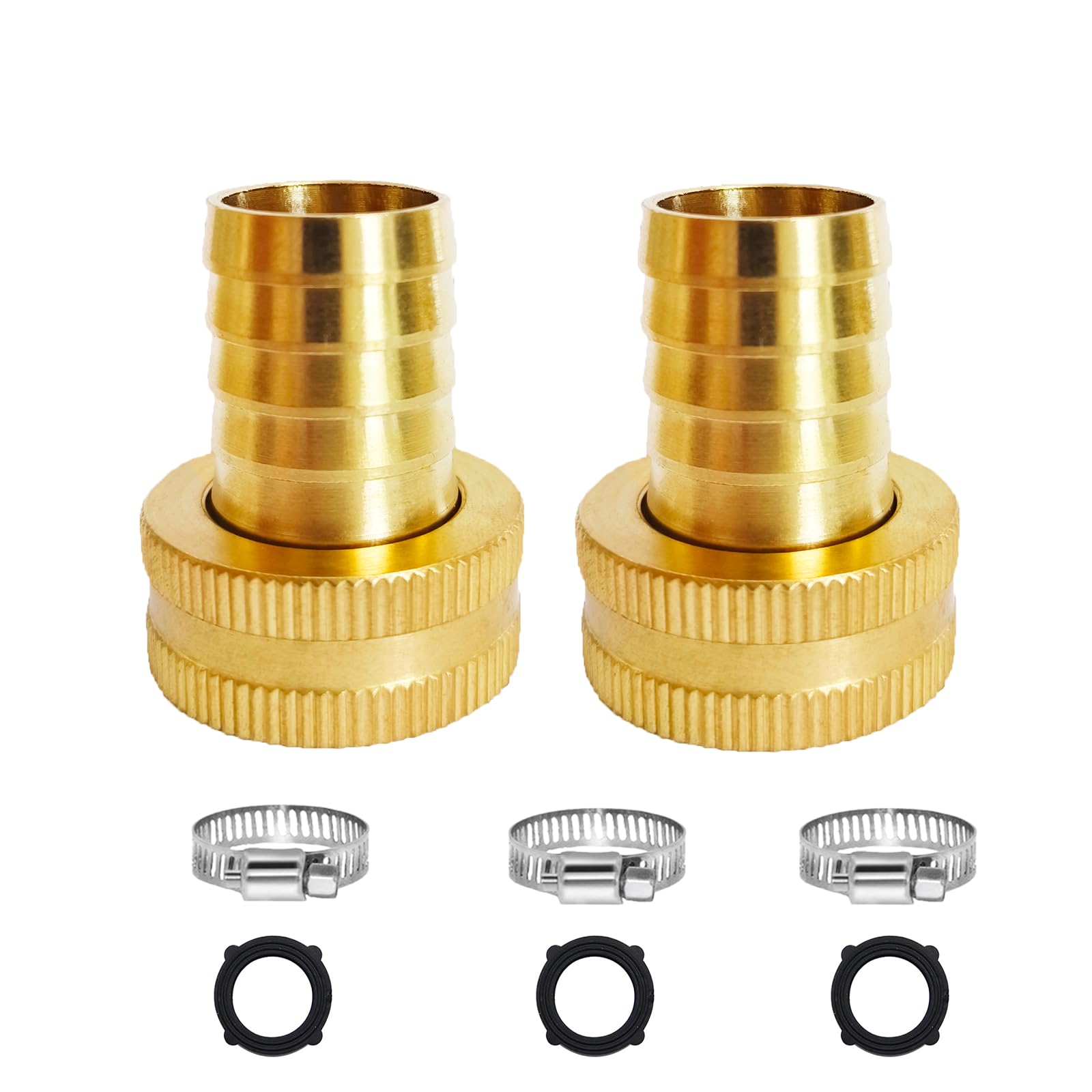 NICOLEKAY 2Pcs 5/8" Barb x 3/4" Female GHT Thread Swivel Brass Garden Water Hose Pipe Connector Copper Fitting with Stainless Clamp House/Boat/Lawn/Power Wash/Irrigation
